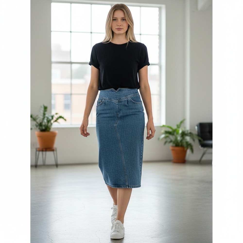 Vintage '80s Candie's Sz 6 Pencil Cut Denim Skirt with Front Yoke and Back Slit